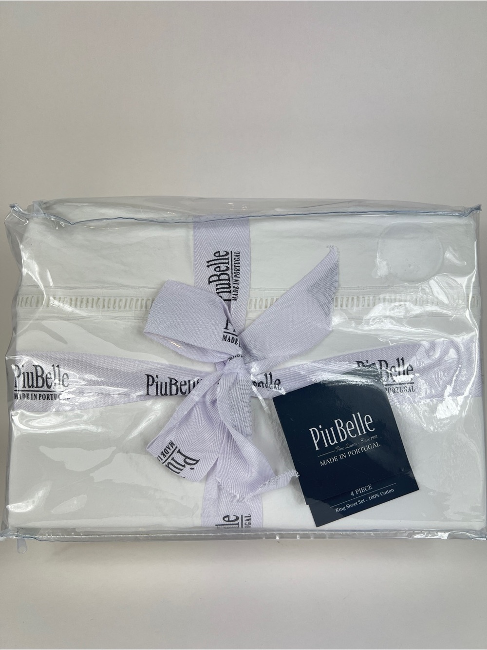 PiuBelle King Sheet Set Fine Linens White Portugal Stitch 100% Cotton 4pc NEW